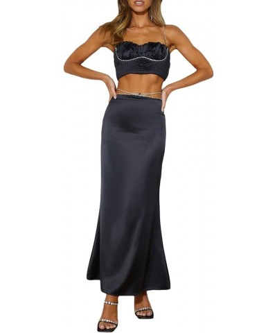 Y2K 2 Piece Maxi Skirt Set Strapless Crop Tube Top with Long Skirt Sexy Two Piece Outfits Party Club Beach Rhinestone Black $...