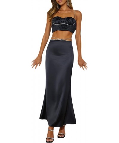 Y2K 2 Piece Maxi Skirt Set Strapless Crop Tube Top with Long Skirt Sexy Two Piece Outfits Party Club Beach Rhinestone Black $...