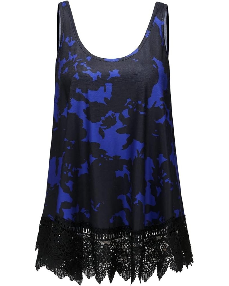 Plus Size Swing Lace Flowy Tank Top for Women F00 Blue Black Floral $10.75 Tanks