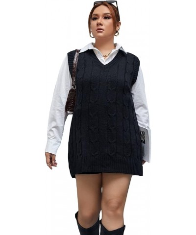 Women's Plus Size Cable Knit Oversized Sleeveless V Neck Split Hem Pullover Sweater Vest Black $17.64 Sweaters