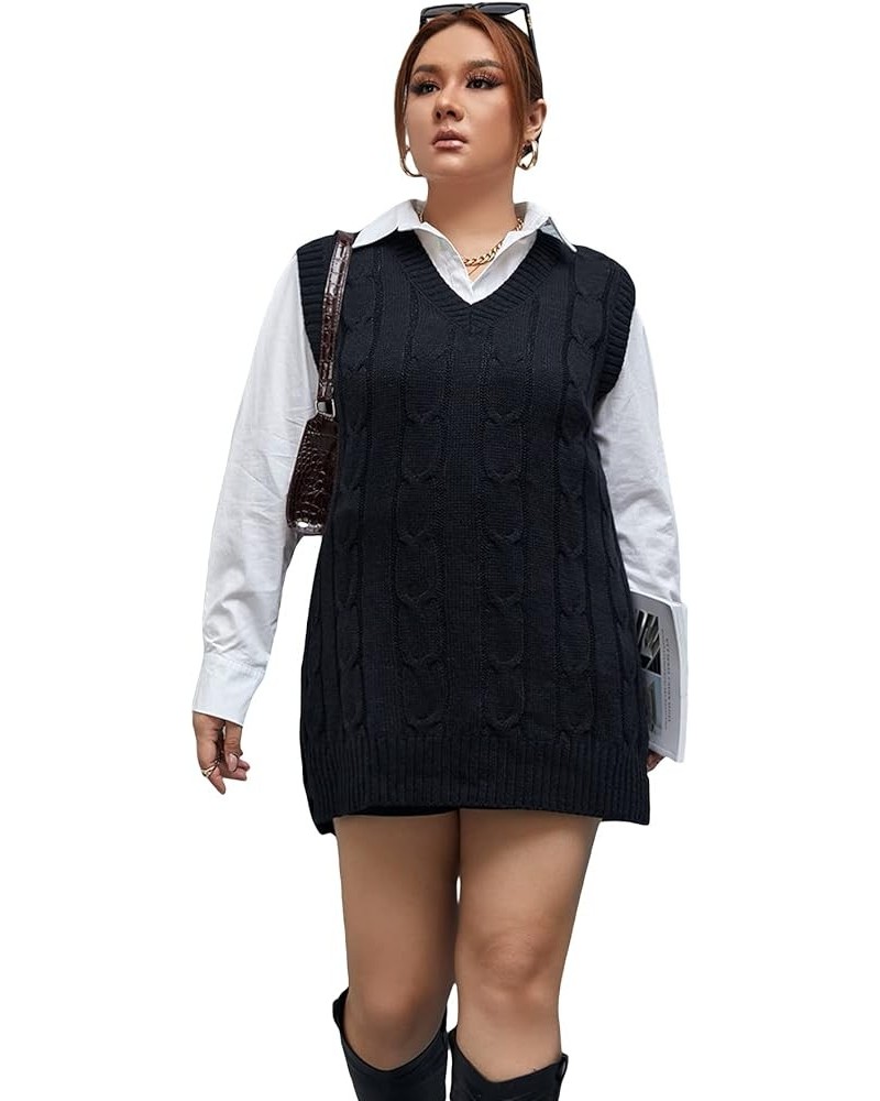 Women's Plus Size Cable Knit Oversized Sleeveless V Neck Split Hem Pullover Sweater Vest Black $17.64 Sweaters