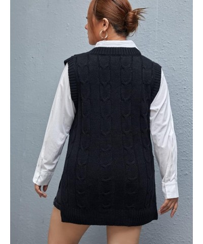 Women's Plus Size Cable Knit Oversized Sleeveless V Neck Split Hem Pullover Sweater Vest Black $17.64 Sweaters