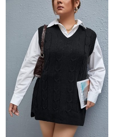 Women's Plus Size Cable Knit Oversized Sleeveless V Neck Split Hem Pullover Sweater Vest Black $17.64 Sweaters