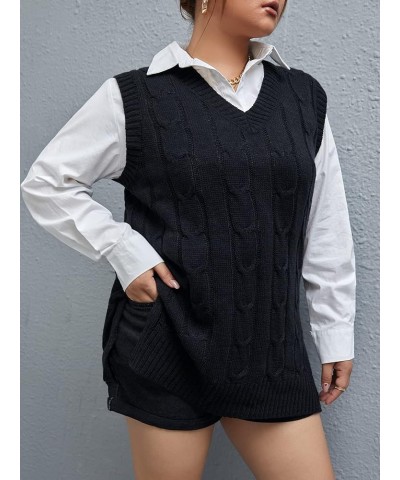 Women's Plus Size Cable Knit Oversized Sleeveless V Neck Split Hem Pullover Sweater Vest Black $17.64 Sweaters