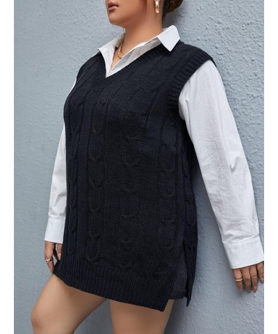 Women's Plus Size Cable Knit Oversized Sleeveless V Neck Split Hem Pullover Sweater Vest Black $17.64 Sweaters