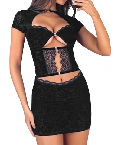 Women Y2k Sexy 2 Piece Outfit Backless Lace Trim Crop Top and Bodycon Mini Skirt Set Retro Fairy Party Clubwear Z7 Black Sexy...