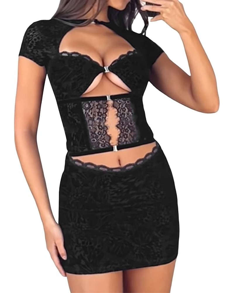 Women Y2k Sexy 2 Piece Outfit Backless Lace Trim Crop Top and Bodycon Mini Skirt Set Retro Fairy Party Clubwear Z7 Black Sexy...