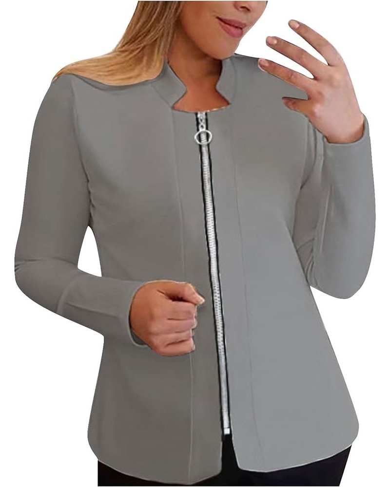 Womens Plus Size Casual Suit Jackets Zipper Cardigan Solid Blazers Coat Mock Neck Long Sleeve Open Front Blazer Jacket Gray $...