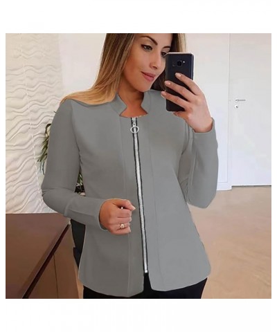 Womens Plus Size Casual Suit Jackets Zipper Cardigan Solid Blazers Coat Mock Neck Long Sleeve Open Front Blazer Jacket Gray $...