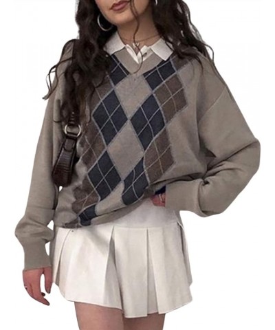 Women Argyle Plaid Sweater Pullover Long Sleeve Preppy England Style Y2K E-Girl Autumn Winter Sweater Top Brown $14.49 Sweaters