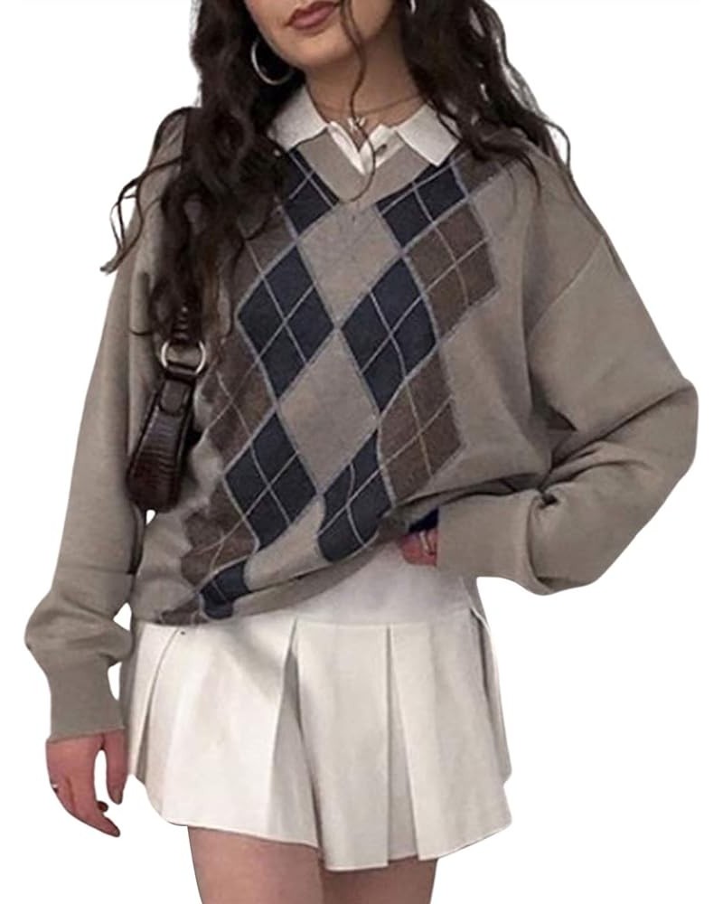 Women Argyle Plaid Sweater Pullover Long Sleeve Preppy England Style Y2K E-Girl Autumn Winter Sweater Top Brown $14.49 Sweaters