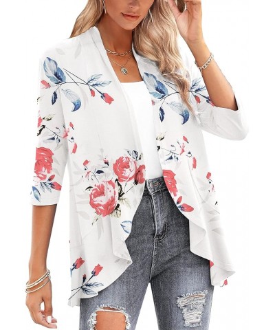 Cardigan for Women Plus Size Draped Ruffles 3/4 Sleeve Cardigan Open Front Swimsuit Cover Up Rose-white $15.92 Sweaters