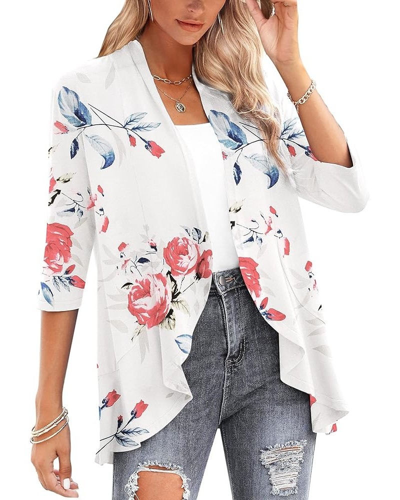 Cardigan for Women Plus Size Draped Ruffles 3/4 Sleeve Cardigan Open Front Swimsuit Cover Up Rose-white $15.92 Sweaters