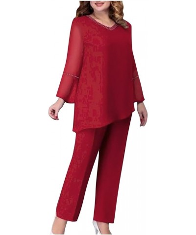 Women's Elegant Chiffon Pantsuits 2 Pieces Mother of Bride Outfits Irregular Hem V Neck Blouses Wedding Guest Suits 01 Red $1...