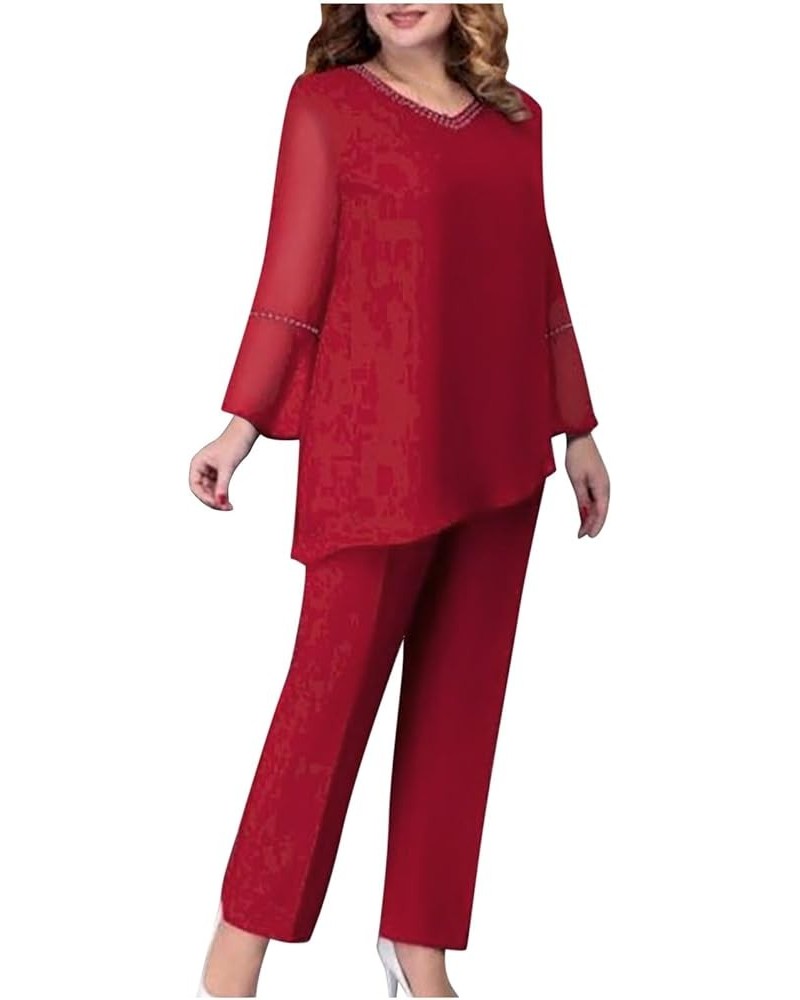 Women's Elegant Chiffon Pantsuits 2 Pieces Mother of Bride Outfits Irregular Hem V Neck Blouses Wedding Guest Suits 01 Red $1...