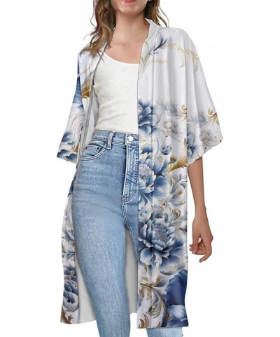 Summer Half Sleeve Cloak for Women, Cardigan Loose Casual Open Front Shawl Beach Cover Ups Blue-gold Rose Flowers $14.26 Swim...