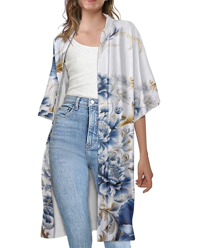 Summer Half Sleeve Cloak for Women, Cardigan Loose Casual Open Front Shawl Beach Cover Ups Blue-gold Rose Flowers $14.26 Swim...