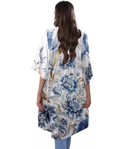 Summer Half Sleeve Cloak for Women, Cardigan Loose Casual Open Front Shawl Beach Cover Ups Blue-gold Rose Flowers $14.26 Swim...