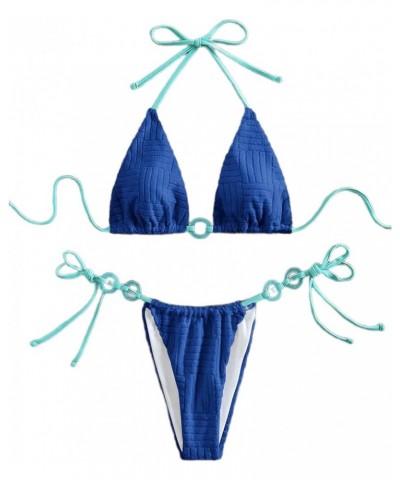 Women's Ring Halter Ribbed Swimsuit Cheeky Bottom Bikini High Cut Tie Side Bathing Suit Royal Blue $15.00 Swimsuits