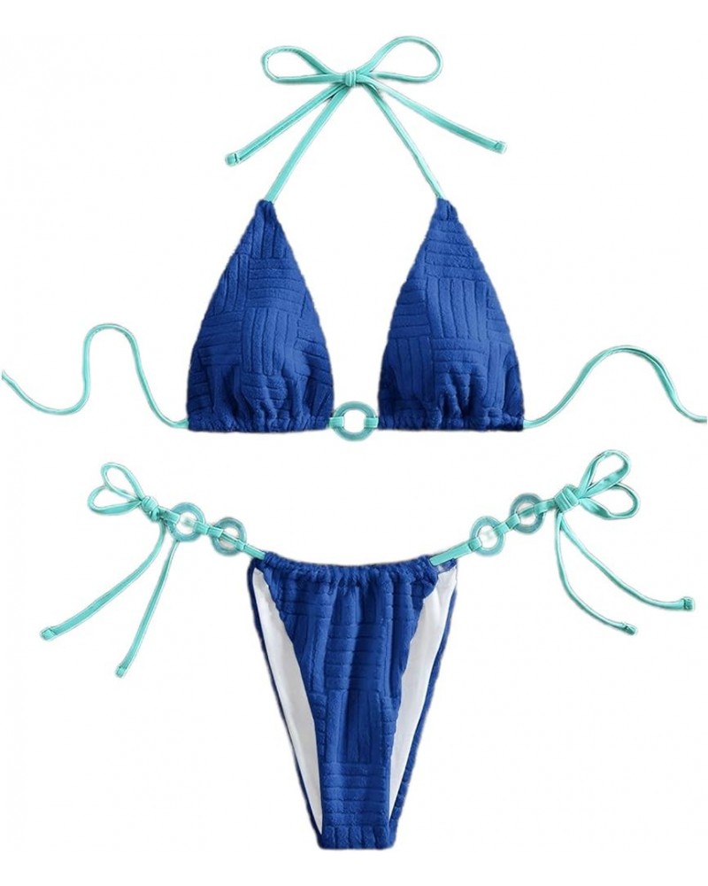 Women's Ring Halter Ribbed Swimsuit Cheeky Bottom Bikini High Cut Tie Side Bathing Suit Royal Blue $15.00 Swimsuits