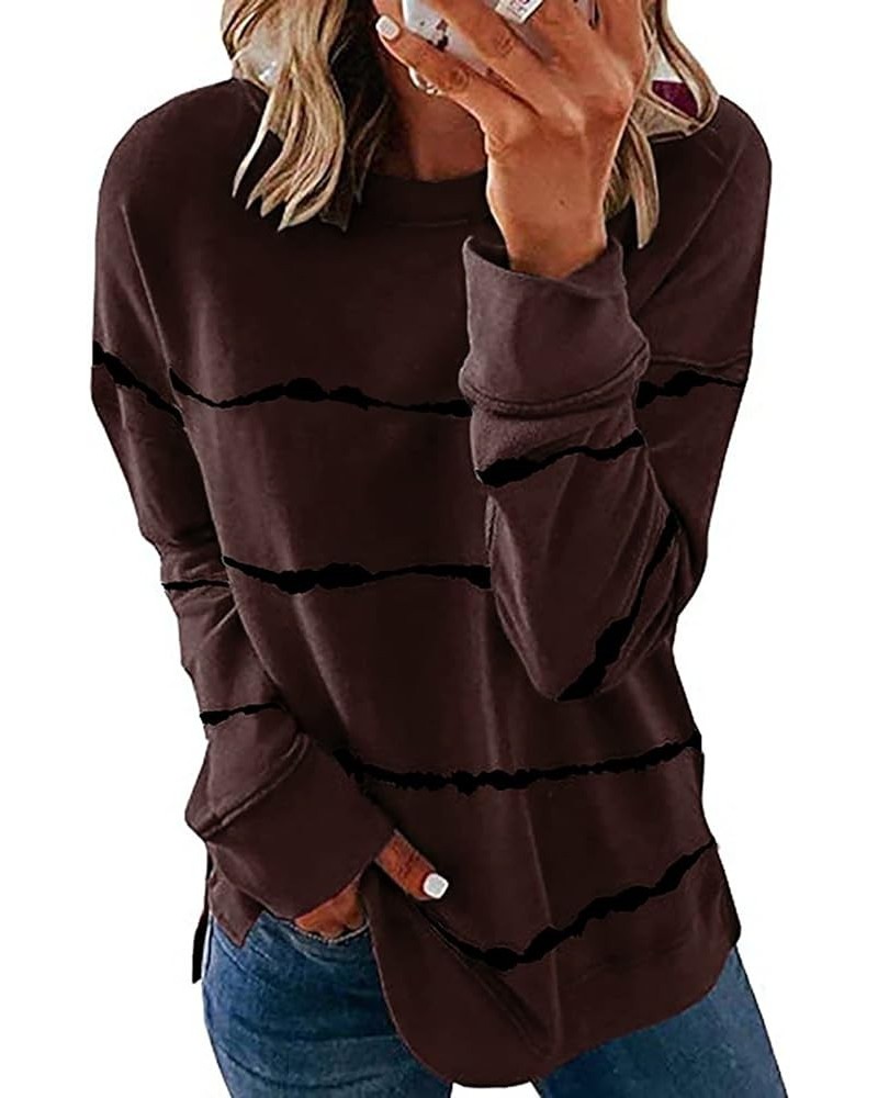 Fall Clothes For Women 2023 Casual Long Sleeve Crewneck Sweatshirt Striped Printed Loose Pullover Tops Shirts 01-coffee $8.82...