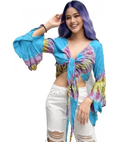 Women & Teen Bohemian Crop Top Ruffle Bell Sleeve Free Size 0-10 Tie Dye Tunic… Blue Ocean $20.77 Blouses