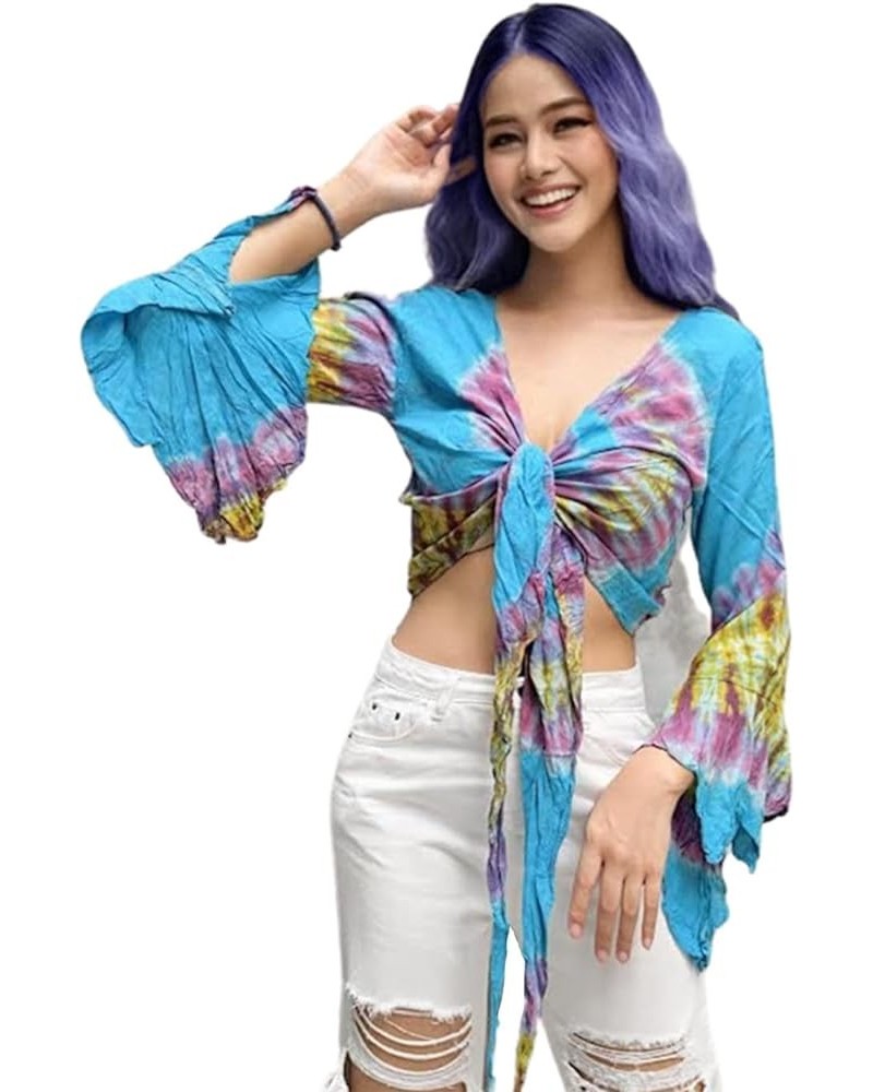 Women & Teen Bohemian Crop Top Ruffle Bell Sleeve Free Size 0-10 Tie Dye Tunic… Blue Ocean $20.77 Blouses