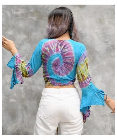 Women & Teen Bohemian Crop Top Ruffle Bell Sleeve Free Size 0-10 Tie Dye Tunic… Blue Ocean $20.77 Blouses