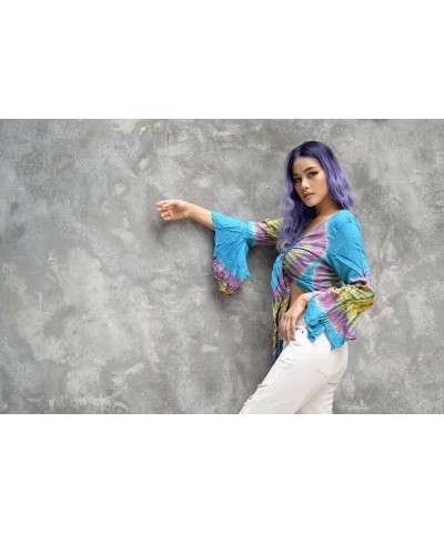 Women & Teen Bohemian Crop Top Ruffle Bell Sleeve Free Size 0-10 Tie Dye Tunic… Blue Ocean $20.77 Blouses