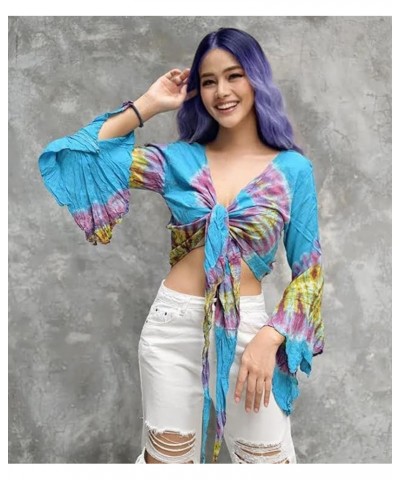 Women & Teen Bohemian Crop Top Ruffle Bell Sleeve Free Size 0-10 Tie Dye Tunic… Blue Ocean $20.77 Blouses