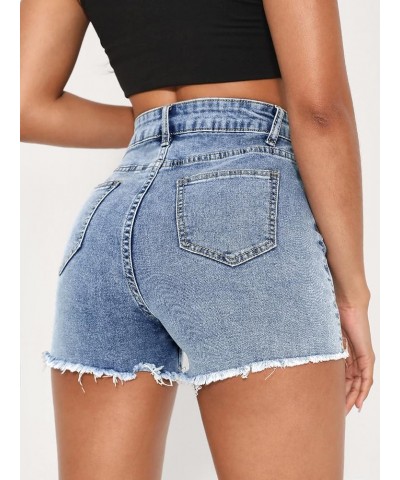 Women's Ripped Raw Hem Denim High Waist Straight Leg Denim Shorts Blue $10.75 Shorts