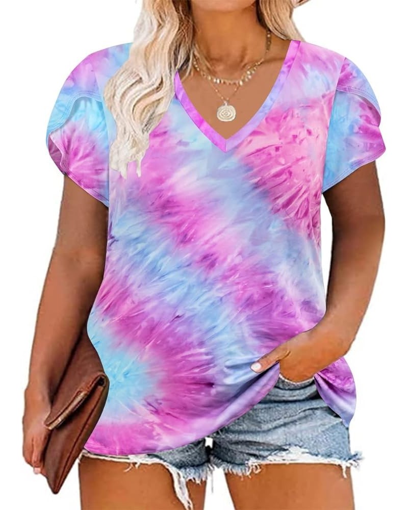 Plus Size Tops for Women Floral/Solid Color Short Sleeve V Neck with Ring Hole Summer Tshirt XL-5XL A501-tie Dye $16.19 T-Shirts