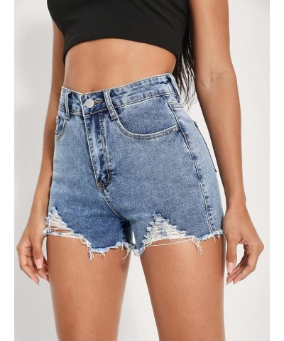 Women's Ripped Raw Hem Denim High Waist Straight Leg Denim Shorts Blue $10.75 Shorts