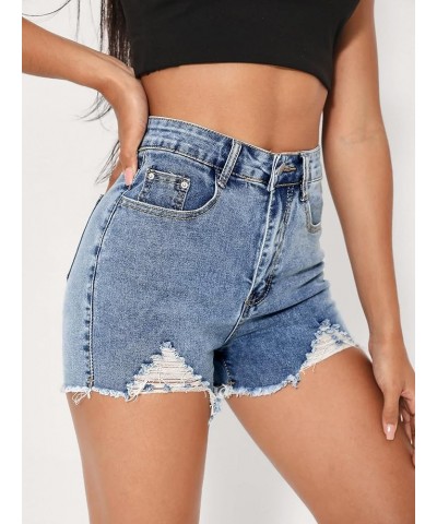 Women's Ripped Raw Hem Denim High Waist Straight Leg Denim Shorts Blue $10.75 Shorts