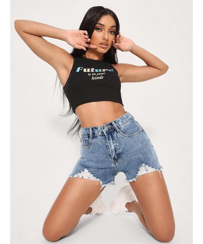 Women's Ripped Raw Hem Denim High Waist Straight Leg Denim Shorts Blue $10.75 Shorts