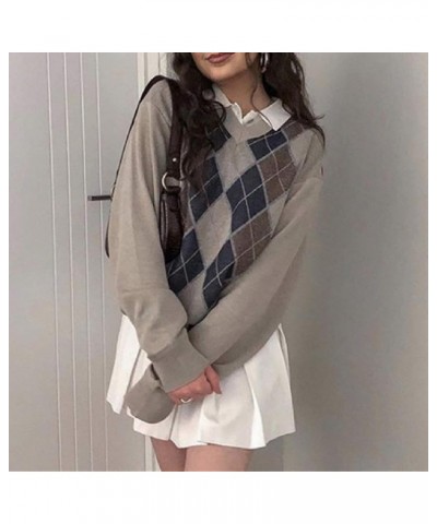 Women Argyle Plaid Sweater Pullover Long Sleeve Preppy England Style Y2K E-Girl Autumn Winter Sweater Top Brown $14.49 Sweaters