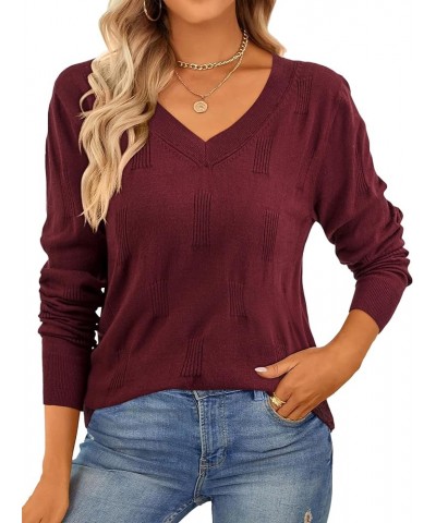 BONEUSN Women's V Neck Sweaters Long Sleeve Lightweight Knit Tops Casual Pullover Sweater Shirts Spring Fashion 2024 Dark Red...