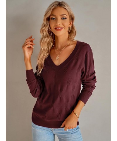 BONEUSN Women's V Neck Sweaters Long Sleeve Lightweight Knit Tops Casual Pullover Sweater Shirts Spring Fashion 2024 Dark Red...