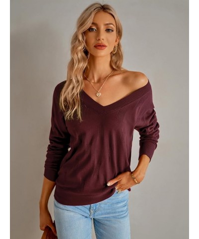 BONEUSN Women's V Neck Sweaters Long Sleeve Lightweight Knit Tops Casual Pullover Sweater Shirts Spring Fashion 2024 Dark Red...