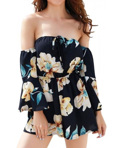 Women's Summer Floral Off shoulder 3/4 Flared Sleeve Romper Jumpsuit Blue $11.75 Rompers