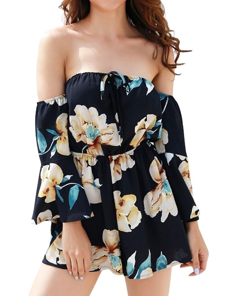 Women's Summer Floral Off shoulder 3/4 Flared Sleeve Romper Jumpsuit Blue $11.75 Rompers