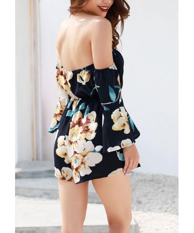 Women's Summer Floral Off shoulder 3/4 Flared Sleeve Romper Jumpsuit Blue $11.75 Rompers