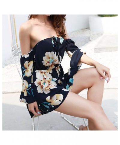 Women's Summer Floral Off shoulder 3/4 Flared Sleeve Romper Jumpsuit Blue $11.75 Rompers