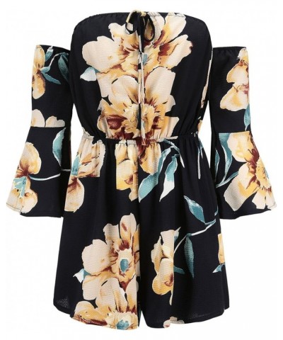 Women's Summer Floral Off shoulder 3/4 Flared Sleeve Romper Jumpsuit Blue $11.75 Rompers