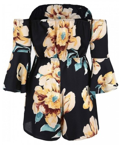 Women's Summer Floral Off shoulder 3/4 Flared Sleeve Romper Jumpsuit Blue $11.75 Rompers