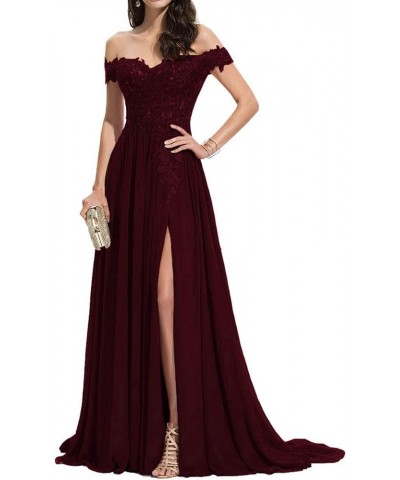 Women's Off Shoulder Bridesmaid Dresses Chiffon Lace A-Line Long Formal Evening Party Gowns with Slit LYQ08 Burgundy $31.95 D...