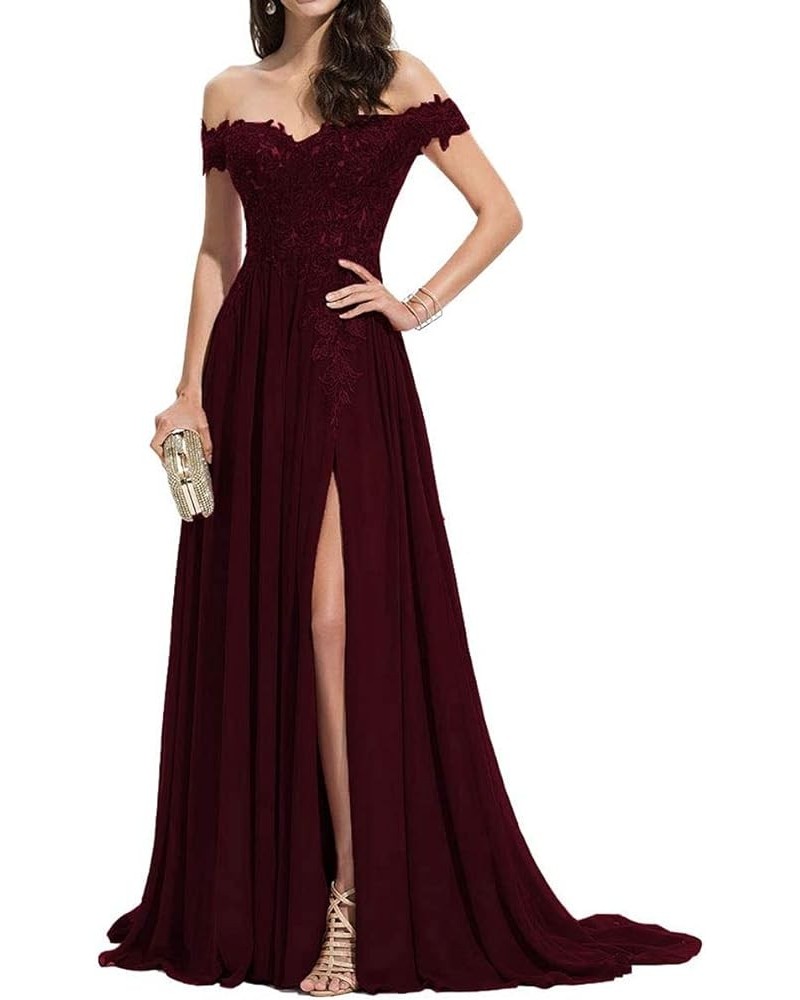 Women's Off Shoulder Bridesmaid Dresses Chiffon Lace A-Line Long Formal Evening Party Gowns with Slit LYQ08 Burgundy $31.95 D...