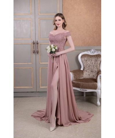 Women's Off Shoulder Bridesmaid Dresses Chiffon Lace A-Line Long Formal Evening Party Gowns with Slit LYQ08 Burgundy $31.95 D...