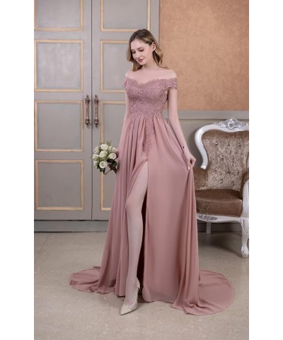 Women's Off Shoulder Bridesmaid Dresses Chiffon Lace A-Line Long Formal Evening Party Gowns with Slit LYQ08 Burgundy $31.95 D...