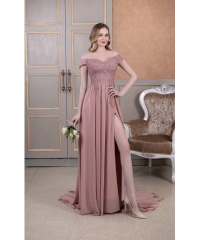 Women's Off Shoulder Bridesmaid Dresses Chiffon Lace A-Line Long Formal Evening Party Gowns with Slit LYQ08 Burgundy $31.95 D...